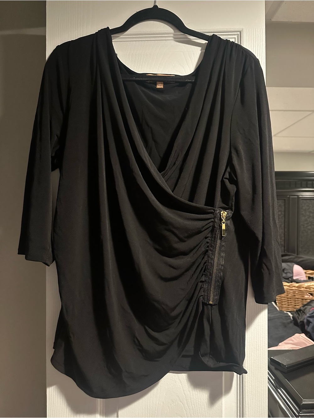 Ellen Tracy Black Draped Wrap Top with Side Zip Detail